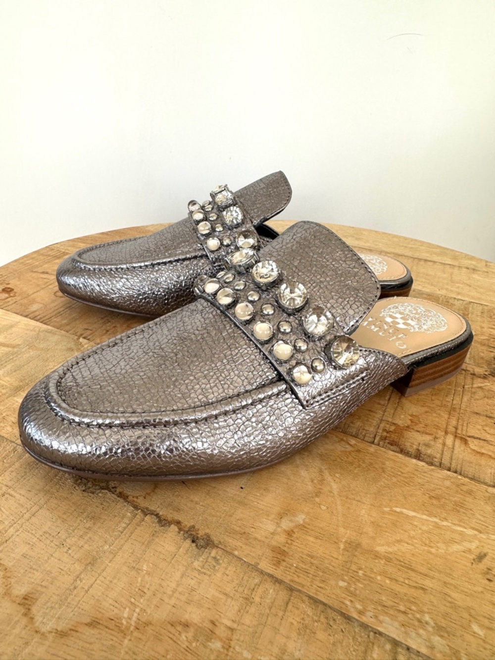 Vince Camuto Metallic Silver Jeweled Slip-On Mules